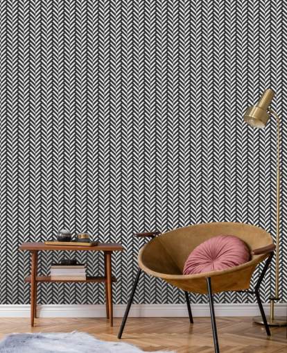 grijs-witte personaliseerbare muurschildering met visgraatbehang genaamd Grey Herringbone voor slaapkamers en kantoren aan huis