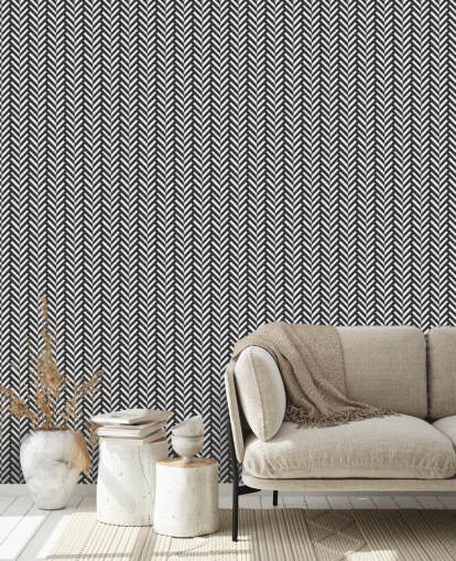 grå och vit anpassningsbar fiskbenstapetväggmålning kallad Grey Herringbone för sovrum och hemmakontor