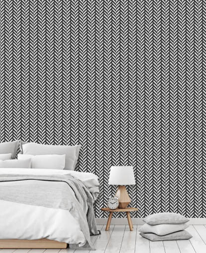 mural de papel de parede em espinha de peixe personalizável em cinza e branco chamado Grey Herringbone para quartos e escritórios domésticos