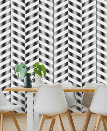 svart og hvitt sildebein tapetmaleri kalt Coal Herringbone for bad og kjøkken