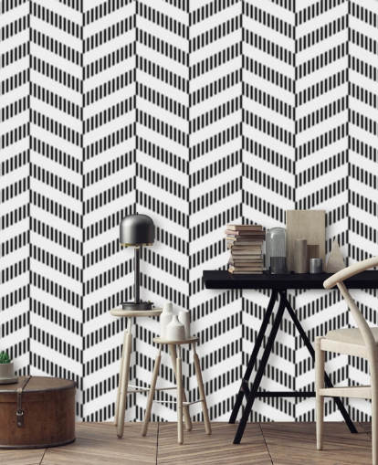 schwarz-weißes Fischgräten-Tapetenbild namens Coal Herringbone für Badezimmer und Küchen