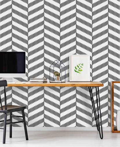 mural de papel pintado en espiga en blanco y negro llamado Coal Herringbone para baños y cocinas mural de papel pintado en espiga en blanco y negro llamado Coal Herringbone para baños y cocinas