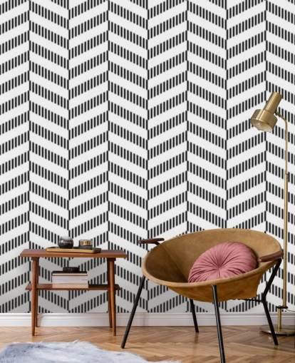 black and white herringbone wallpaper mural called Coal Herringbone for bathrooms and kitchens