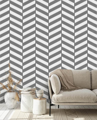 svart og hvitt sildebein tapetmaleri kalt Coal Herringbone for bad og kjøkken