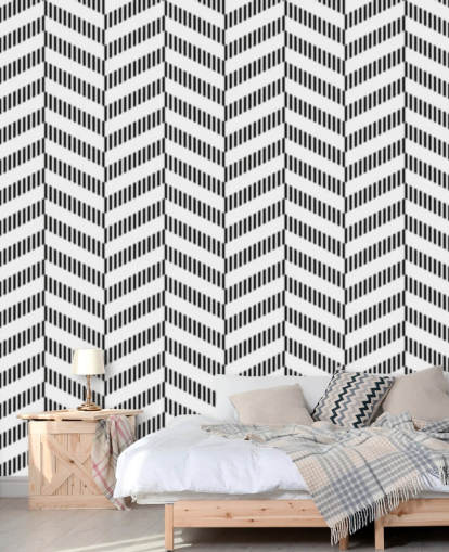 black and white herringbone wallpaper mural called Coal Herringbone for bathrooms and kitchens