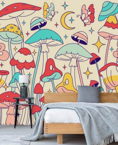 colorful custom retro wallpaper mural called Groovy Mushrooms for bedrooms
