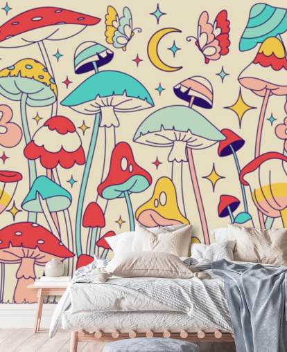 carta da parati retrò personalizzata colorata chiamata Groovy Mushrooms per camere da letto