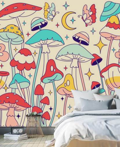 värikäs mukautettu retro-taustakuvamaalaus nimeltä Groovy Mushrooms makuuhuoneisiin
