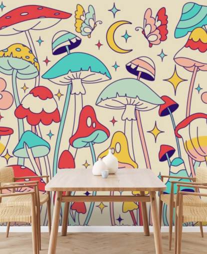 Buntes individuelles Retro-Tapeten-Wandbild namens Groovy Mushrooms für Schlafzimmer