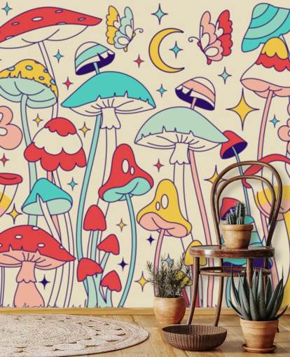 colorido mural retro personalizado llamado Groovy Mushrooms para dormitorios