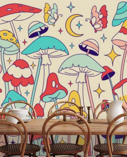 colorful custom retro wallpaper mural called Groovy Mushrooms for bedrooms