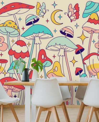 colorido mural retro personalizado llamado Groovy Mushrooms para dormitorios