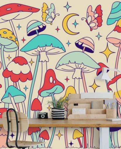 colorido mural retro personalizado llamado Groovy Mushrooms para dormitorios