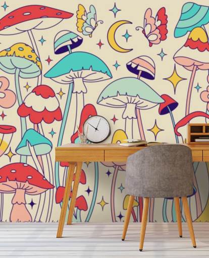 carta da parati retrò personalizzata colorata chiamata Groovy Mushrooms per camere da letto