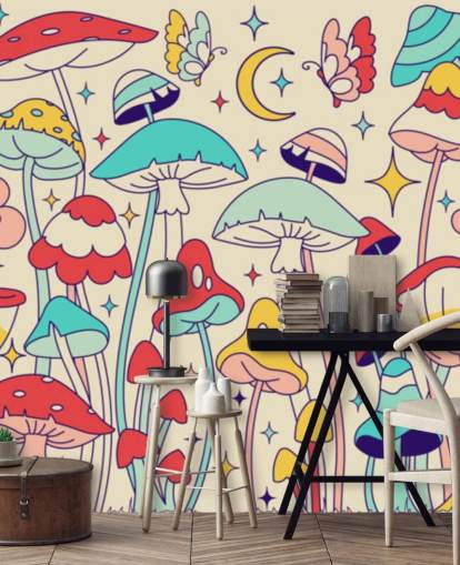 colorful custom retro wallpaper mural called Groovy Mushrooms for bedrooms