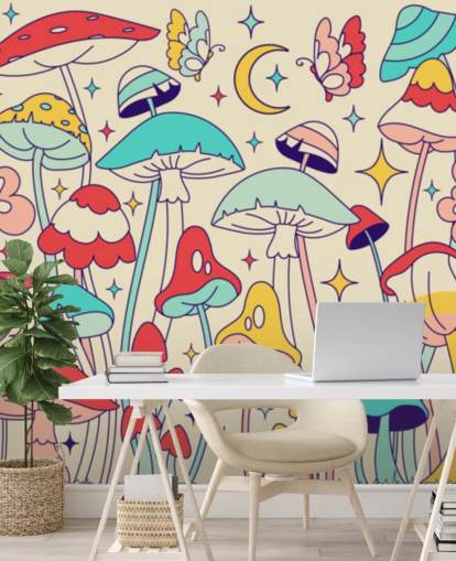mural colorido de papel de parede retrô personalizado chamado Groovy Mushrooms para quartos mural colorido de papel de parede retrô personalizado chamado Groovy Mushrooms para quartos