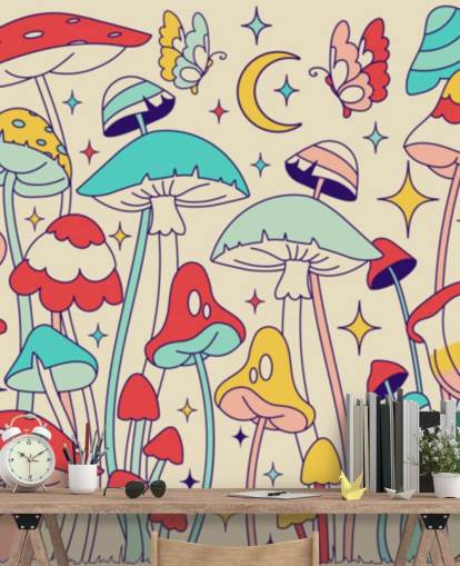 colorful custom retro wallpaper mural called Groovy Mushrooms for bedrooms