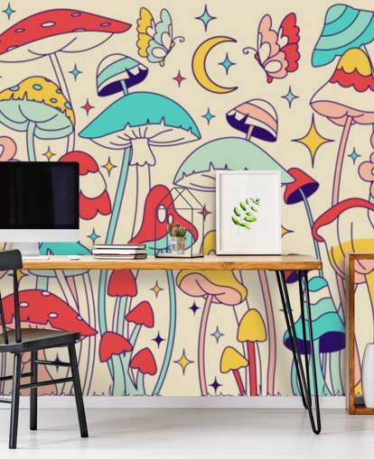 Buntes individuelles Retro-Tapeten-Wandbild namens Groovy Mushrooms für Schlafzimmer