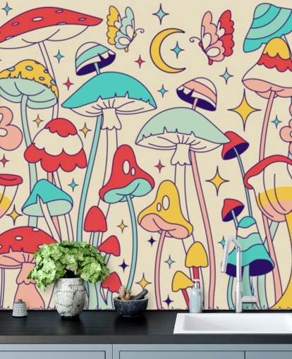 farverigt brugerdefineret retro tapetmaleri kaldet Groovy Mushrooms til soveværelser