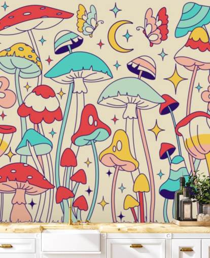 colorido mural retro personalizado llamado Groovy Mushrooms para dormitorios