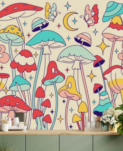 colorful custom retro wallpaper mural called Groovy Mushrooms for bedrooms