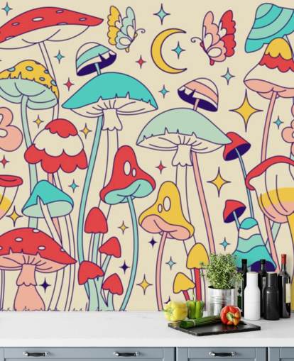 colorful custom retro wallpaper mural called Groovy Mushrooms for bedrooms