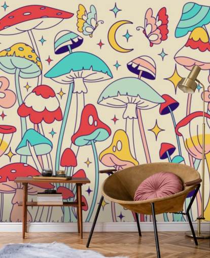 colorful custom retro wallpaper mural called Groovy Mushrooms for bedrooms