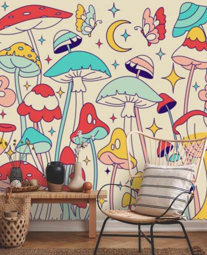 färgglada anpassade retro tapeter väggmålning som heter Groovy Mushrooms för sovrum