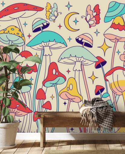 colourful custom retro wallpaper mural called Groovy Mushrooms for bedrooms