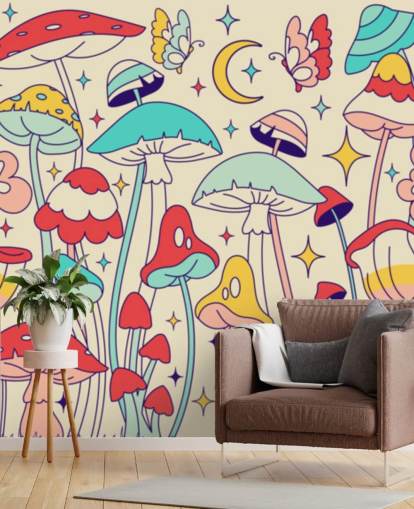 carta da parati retrò personalizzata colorata chiamata Groovy Mushrooms per camere da letto carta da parati retrò personalizzata colorata chiamata Groovy Mushrooms per camere da letto