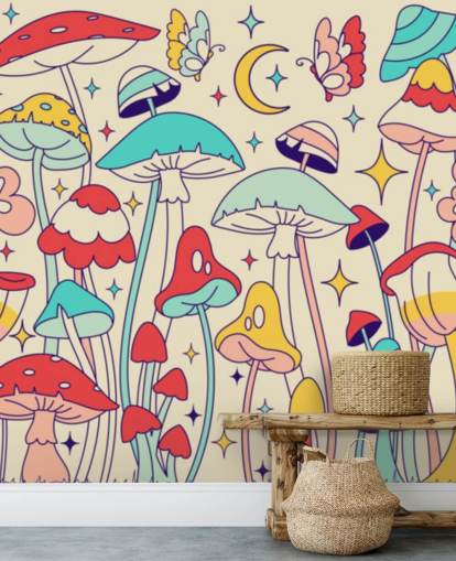carta da parati retrò personalizzata colorata chiamata Groovy Mushrooms per camere da letto carta da parati retrò personalizzata colorata chiamata Groovy Mushrooms per camere da letto