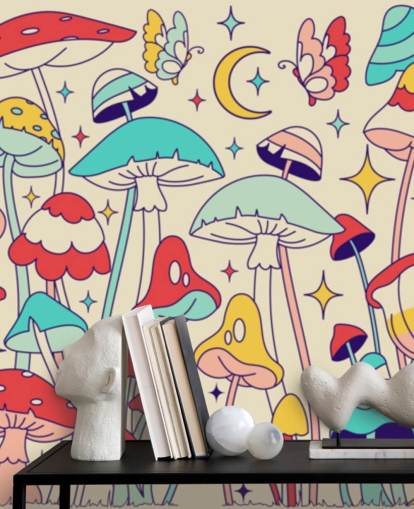 Buntes individuelles Retro-Tapeten-Wandbild namens Groovy Mushrooms für Schlafzimmer