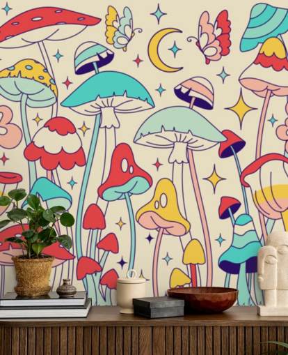 fargerikt tilpasset retro tapet veggmaleri kalt Groovy Mushrooms for soverom