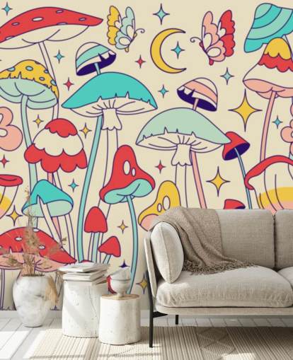 colorful custom retro wallpaper mural called Groovy Mushrooms for bedrooms