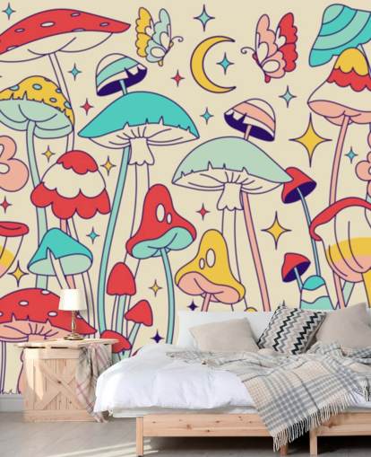 mural colorido de papel de parede retrô personalizado chamado Groovy Mushrooms para quartos