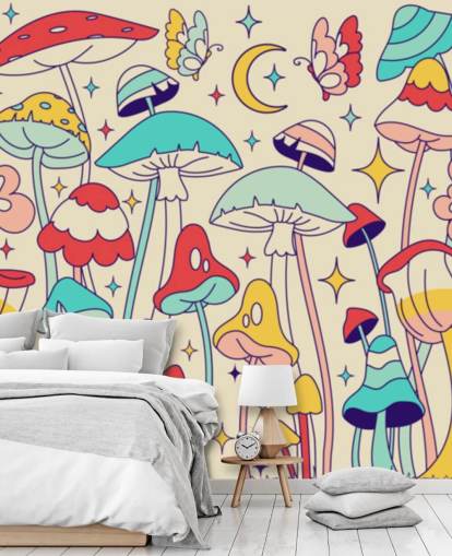 Buntes individuelles Retro-Tapeten-Wandbild namens Groovy Mushrooms für Schlafzimmer