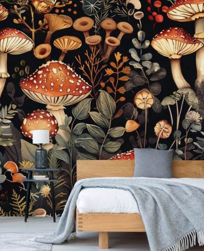 mural de papel de parede de cogumelos personalizados escuros chamado Vintage Mushrooms 