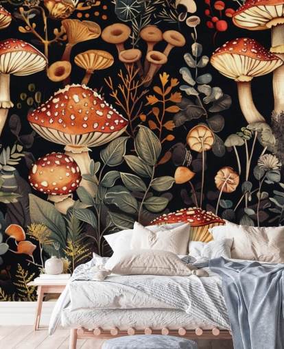 mural oscuro de papel pintado de hongos personalizado llamado Vintage Mushrooms 