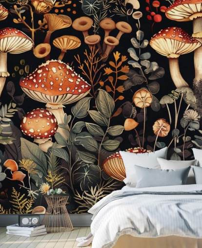 tumma mukautettu sienitaustakuva seinämaalaus nimeltä Vintage Mushrooms 