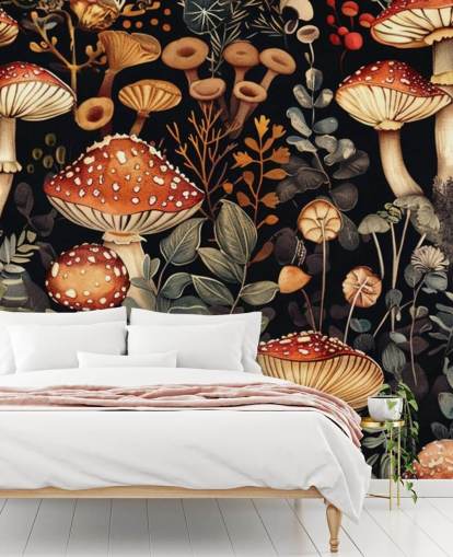 mural de papel de parede de cogumelos personalizados escuros chamado Vintage Mushrooms 