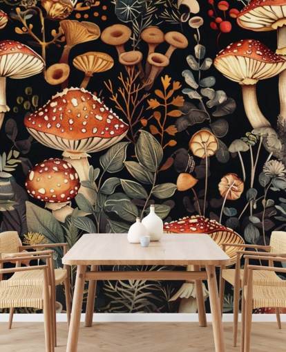 mural oscuro de papel pintado de hongos personalizado llamado Vintage Mushrooms mural oscuro de papel pintado de hongos personalizado llamado Vintage Mushrooms