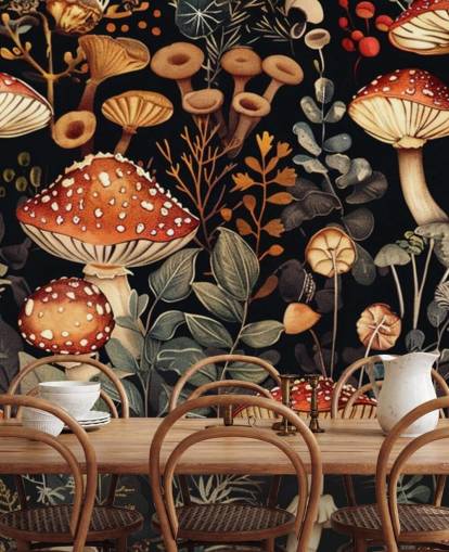 dark custom mushroom wallpaper mural called Vintage Mushrooms 