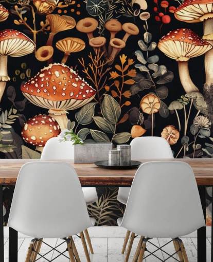 mural de papel de parede de cogumelos personalizados escuros chamado Vintage Mushrooms 