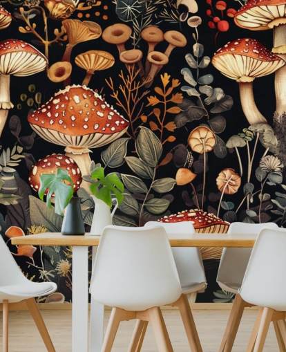 dark custom mushroom wallpaper mural called Vintage Mushrooms 