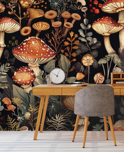 donkere paddenstoelbehangmuurschildering op maat genaamd Vintage Mushrooms 