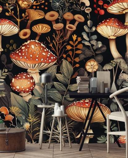 mørkt brugerdefineret champignon tapetmaleri kaldet Vintage Mushrooms 