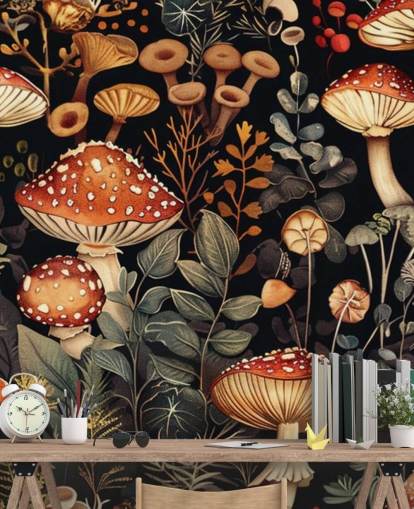 carta da parati murale personalizzata con funghi scuri chiamata Vintage Mushrooms 