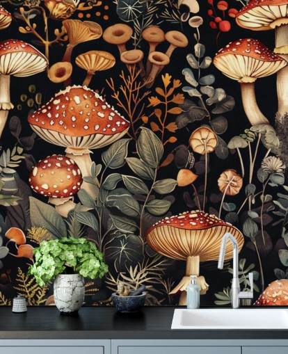 dunkles individuelles Pilztapeten-Wandbild namens Vintage Mushrooms dunkles individuelles Pilztapeten-Wandbild namens Vintage Mushrooms
