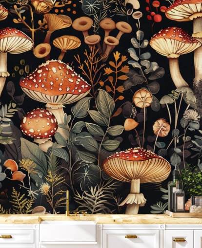 donkere paddenstoelbehangmuurschildering op maat genaamd Vintage Mushrooms 