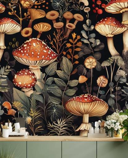 mural oscuro de papel pintado de hongos personalizado llamado Vintage Mushrooms 